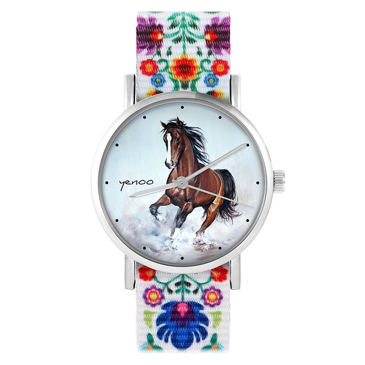 zegarki damskie Zegarek - Brązowy koń - folk biały, nylonowy