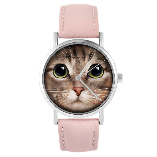 zegarki damskie Zegarek - Kot tygrysek - pudrowy róż, skóra