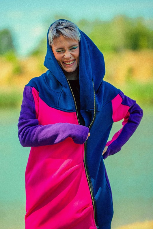 bluza z kapturem damska Długa bawełniana bluza , krój asymetryczny