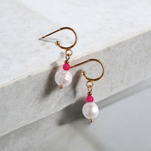 kolczyki z kamieniami Kolczyki FUCHSIA & PEARL collection: perła i agat : sztyfty-kółka