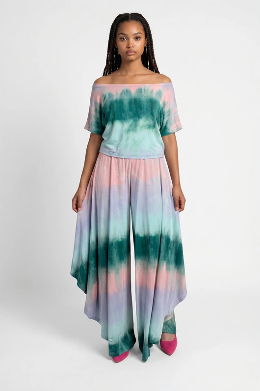 komplety damskie Auri Lili letni zestaw Purusza tie dye zielono-liliowo-różowy M (38)