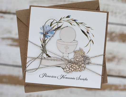 kartki na komunię Ręcznie robiona kartka na komunię z życzeniami dla chłopca