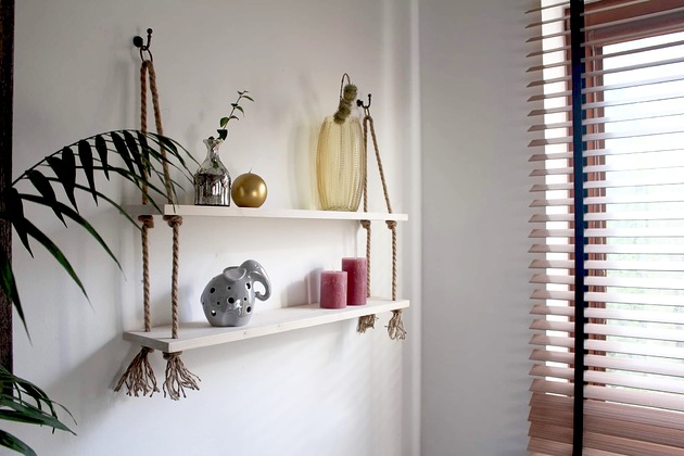 półki Bielona półka dwupoziomowa na linach jutowych