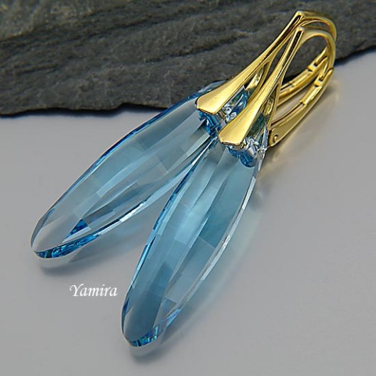 kryształ Swarovski Ellipse Aquamarine złote 32mm kolczyki yamira