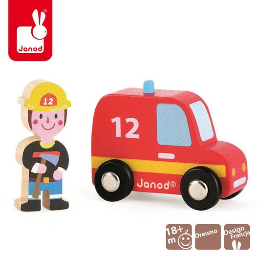 klocki i zabawki drewniane Wóz strażacki ze strażakiem. Zestaw drewniany 1+ Janod