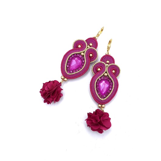 kolczyki soutache Kolczyki sutasz fuksjowe różowe Rosalia z kryształkiem i kwiatkiem