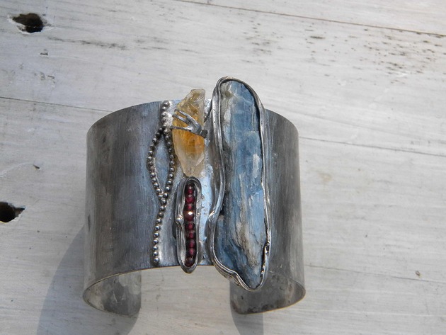 bransoletki wire wrapping Kianit / cytryn / granaty  -  bransoleta mankiet CUFF