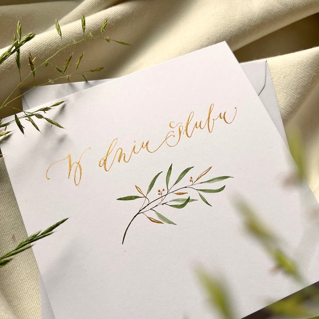 kartki scrapbooking Kartka ślubna ręcznie malowana i kaligrafowana z gałązką minimalistyczna