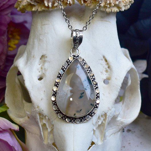 wisiory Miedziany posrebrzany wisiorek z agatem mszystym