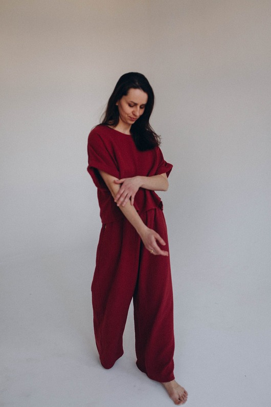 spodnie materiałowe damskie Długie spodnie Lekko 2, Wiśniowy Sad