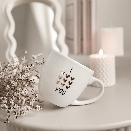 kubki Biały Kubek Porcelanowy 300 ml - Napis I Love You ze Złotymi Sercami dla Zako