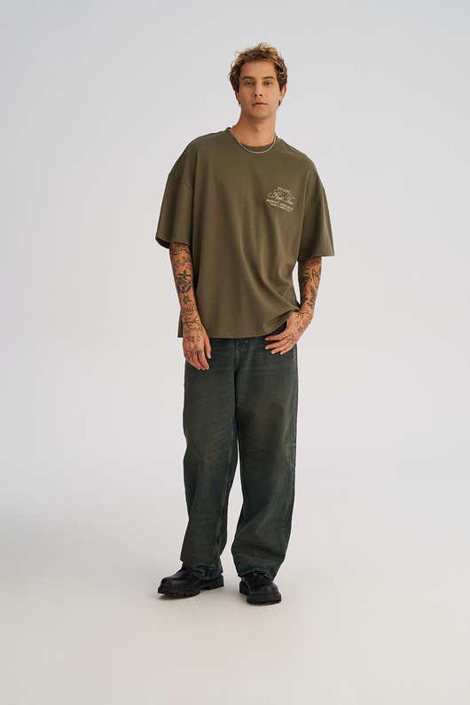 t-shirty męskie Koszulka męska BOXY FIT z ciężkiej bawełny oliwkowa