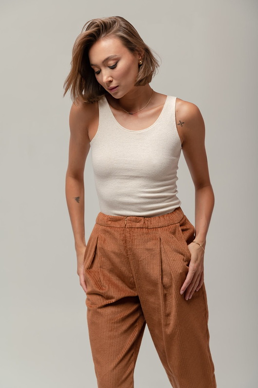 topy damskie Bawełniany, prążkowany top, NATURAL BEIGE