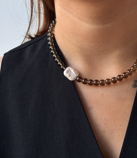 złote naszyjniki Naszyjnik Kwarc Dymny z perłą