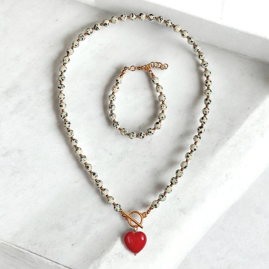 komplet biżuterii RAZEM TANIEJ : jaspis dalmatyński i serce : CZERWIEŃ : komplet