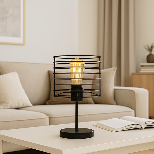 lampy stołowe Czarna lampka stołowa z drucianym kloszem w stylu loftowym LUKKA LOFT