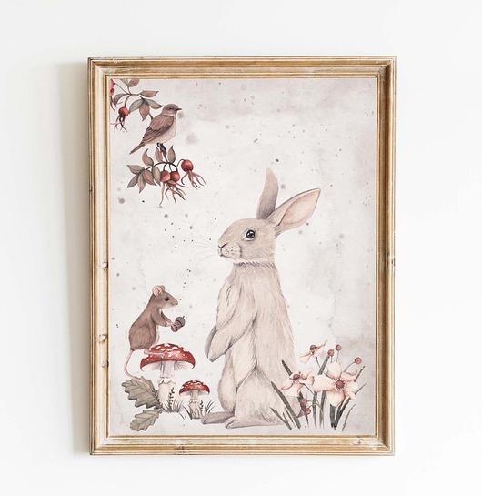 obrazy i plakaty do pokoju dziecięcego Zajączek i myszka akwarela Woodland  - Plakat, obrazek na ścianę  Vintage