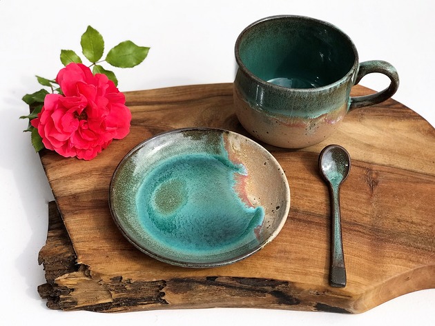 filiżanki Kubek ceramiczny  Duża filiżanka ze spodkiem i łyżeczką