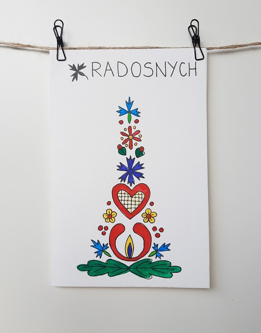 kartki okolicznościowe - wydruki Kartka Świąteczna Choinka kociewska, akwarela.