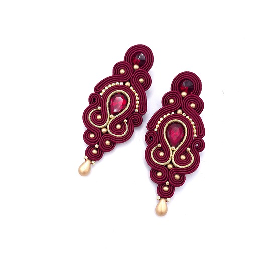 kolczyki soutache Kolczyki sutasz bordowe ze złotem Olia wieczorowe z kryształkami