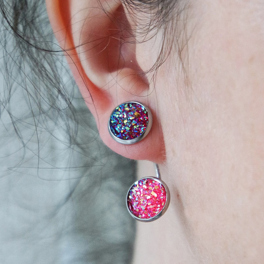 kolczyki z żywicy Kolekcja Starlight - kolczyki druzy róż i burgund - stal