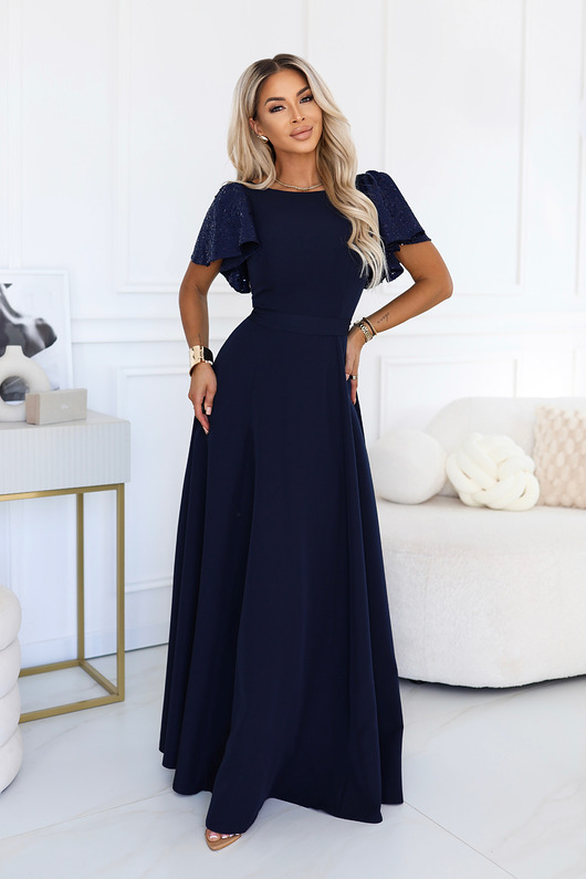 sukienki maxi damskie 694-4 MIRELLA Elegancka rozkloszowana sukienka maxi z cekinami - granat