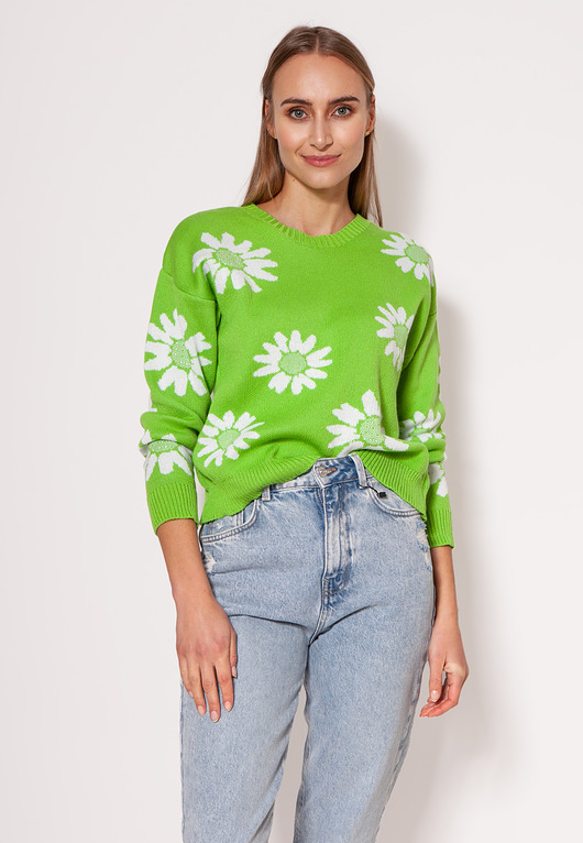 swetry damskie  Sweter w kwiatki - SWE302 seledynowy MKM