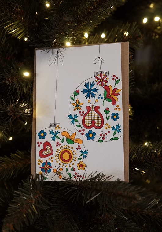 kartki okolicznościowe - wydruki Kartka Świąteczna Bombki kociewskie, akwarela.