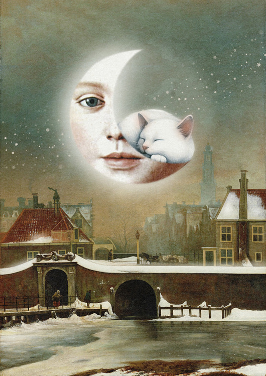 plakaty Plakat Fine Art giclee kolaż ZIMOWY KRAJOBRAZ Z KSIĘŻYCEM I KOTEM