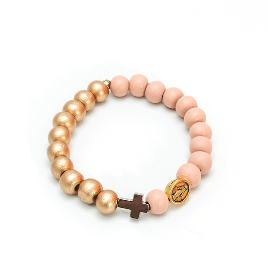 bransoletki drewniane Różowo złota bransoletka z krzyżykiem, różaniec na rękę, drewno