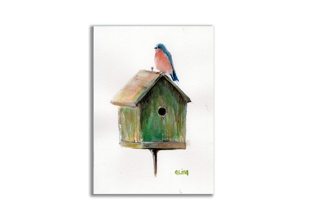 grafiki i ilustracje Obraz ręcznie malowany "Ptaszek" ptaki rudzik