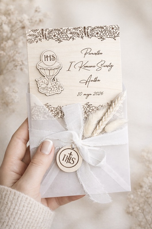 kartki na komunię Kartka na pamiątkę I Komunii Świętej DREWNIANA