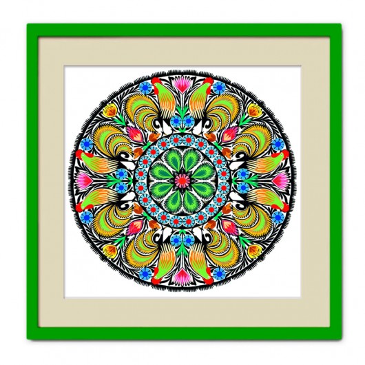 KOGUTY złotopióre (mandala w barwnej ramie) na ludowo