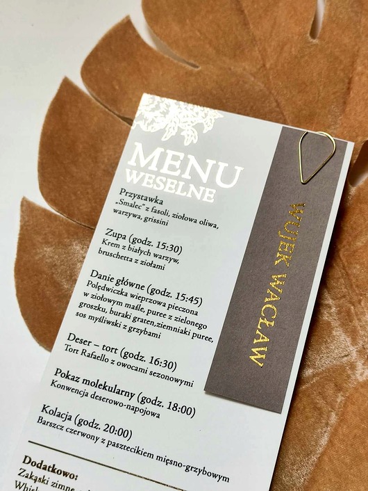 dodatki ślubne Eleganckie Menu na stoły z winietką, złote menu na imprezę