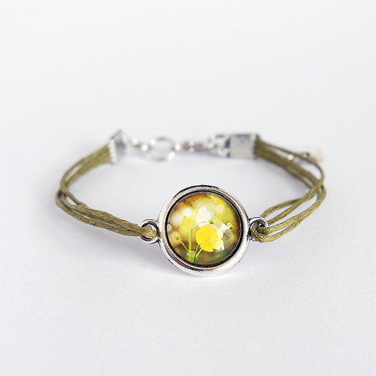 bransoletki ze szkła Bransoletka - Żółty kwiat - zielona, sznurki