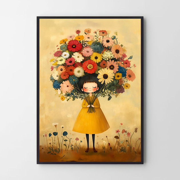 plakaty Plakat Dziewczynka w żółtej sukience z bukietem radości