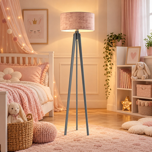lampy do pokoju dziecka Drewniana lampa stojąca na trójnogu MIAMI VELUR KIDS do pokoju dziecięcego