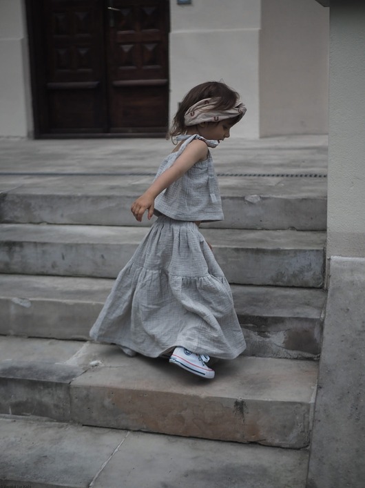 sukienki dla dziewczynki Komplet muślinowy boho dla dziewczynki top i spódnica ecru melange