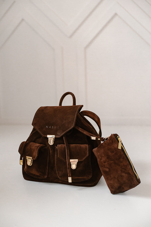 plecaki Plecak z kieszeniami - skórzany - damski - zamszowy - brąz