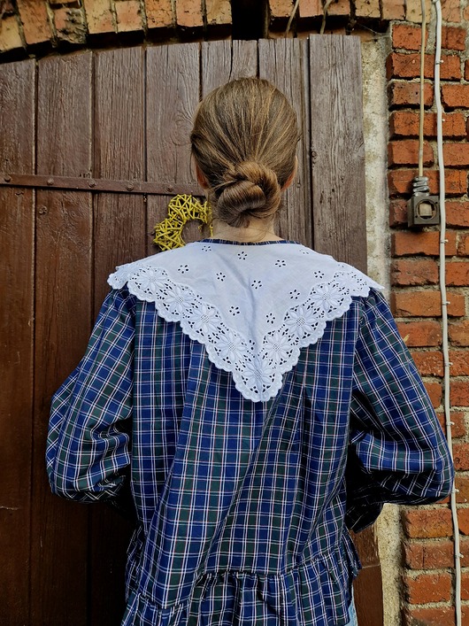 koszule damskie Koszula granatowa w kratę upcykling z kołnierzem S