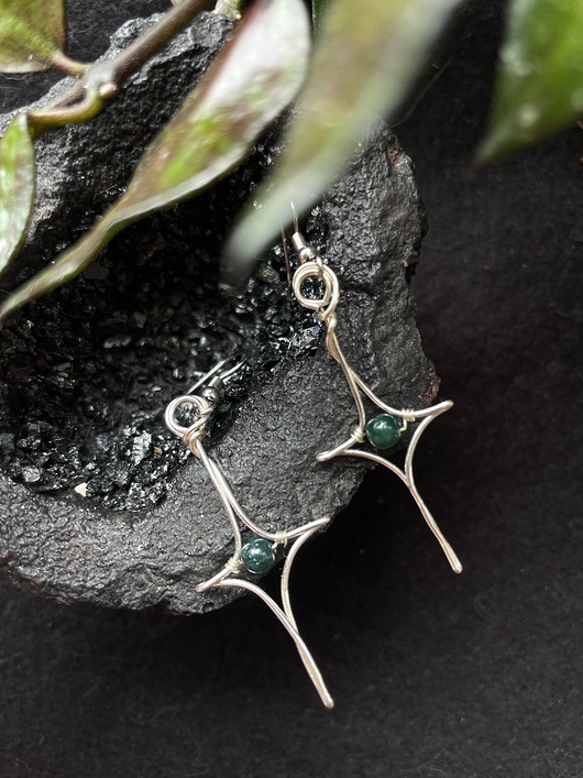 kolczyki wire wrapping Minimalistyczne srebrne długie kolczyki gwiazdki z agatem mszystym