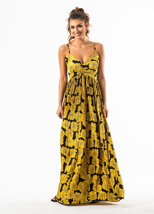 sukienki maxi damskie Yoko żółto czarna sukienka plisowana