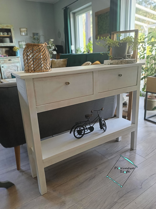 komody Konsolka komoda drewniana biała przecieranay 2 szufladami vintage regał Mel
