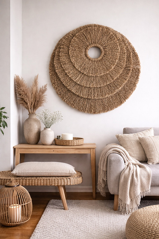 Ozdoby na ścianę Rozeta asymetria, makrama ścienna Boho z juty , naturalna, minimalistyczna