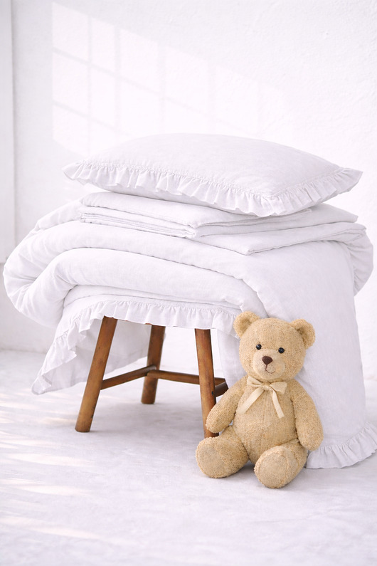 kocyki, kołderki, pościel dla dzieci Lniana pościel dziecięca z falbanką - śnieżna biel