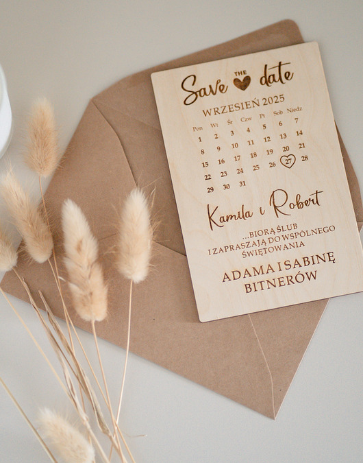 zaproszenia i kartki na ślub Zaproszenie drewniane dwustronne - Save the date 8 kolorów kopert