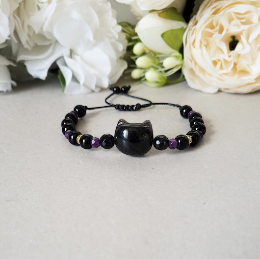 bransoletki z kamieni naturalnych SZCZĘŚCIE i ochrona z czarnym kotem