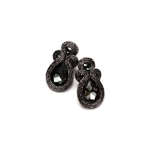 Kolczyki soutache - gunmetal, kryształy, krople maanuela