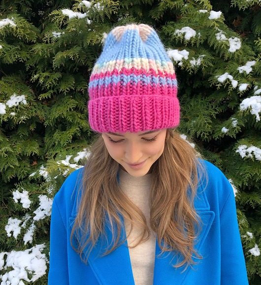 czapki damskie Wełniana czapka handmade kolorowe ozdobne włóczki niebieska różowa