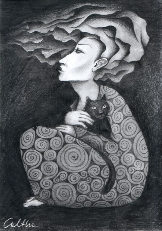 Portret z kotem - rysunek oryginał Caltha